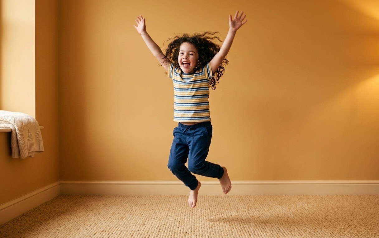 A child jumping joyfully indoors, arms raised in celebration