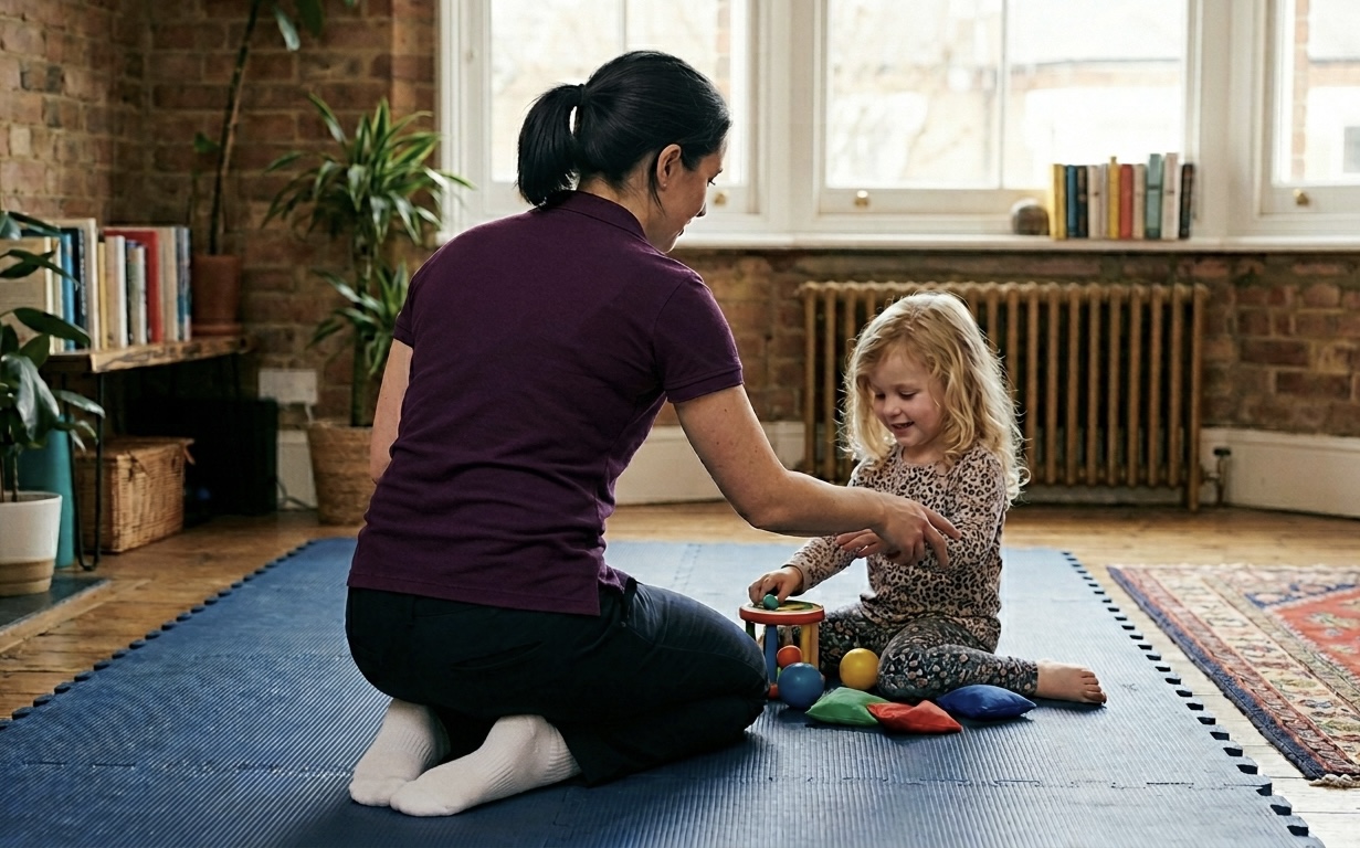 Physiotherapist working with a young child during a home session